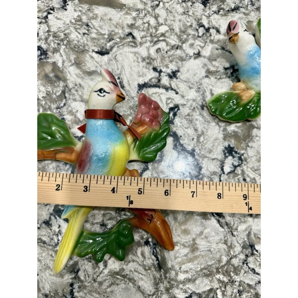 Pair of Mid-Century Chalkware Parrot Cockatiels Bird Wall Hanging Sculptures MCM